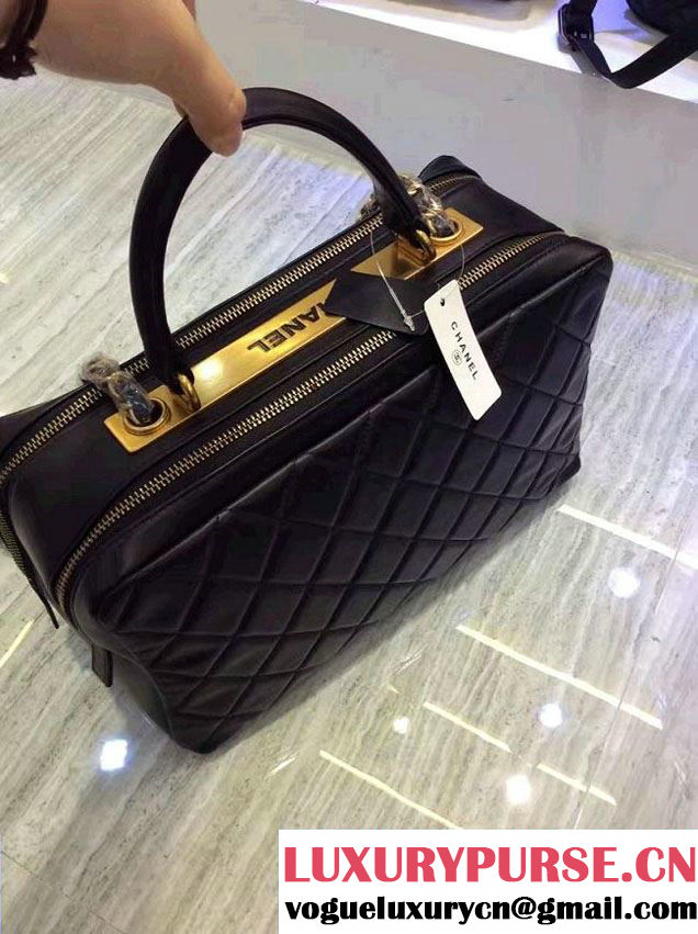 Chanel Lambskin Bowling Bag A92239 Black/Gold Embellished With A Chanel Metallic Plate 2015