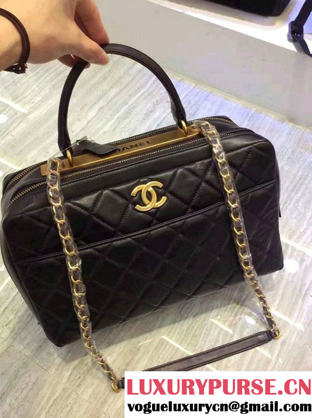 Chanel Lambskin Bowling Bag A92239 Black/Gold Embellished With A Chanel Metallic Plate 2015