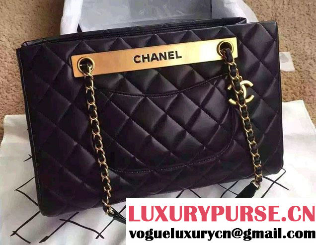 Chanel Lambskin Shopping Tote Bag Black Embellished A Plate Fall Winter 2015