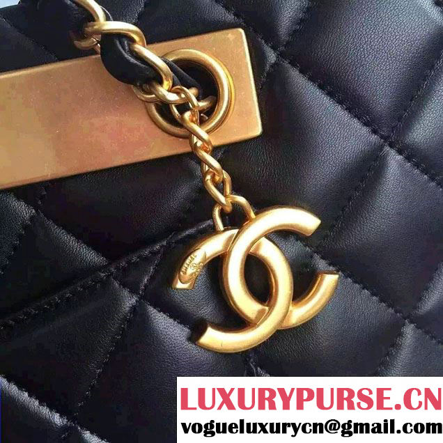 Chanel Lambskin Shopping Tote Bag Black Embellished A Plate Fall Winter 2015