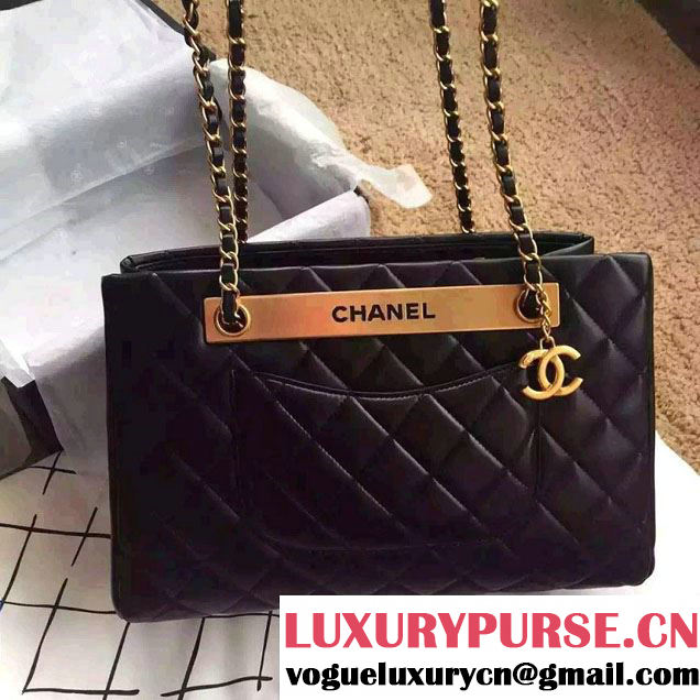 Chanel Lambskin Shopping Tote Bag Black Embellished A Plate Fall Winter 2015