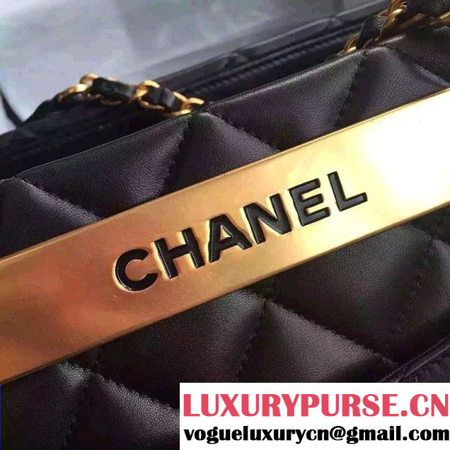 Chanel Lambskin Shopping Tote Bag Black Embellished A Plate Fall Winter 2015