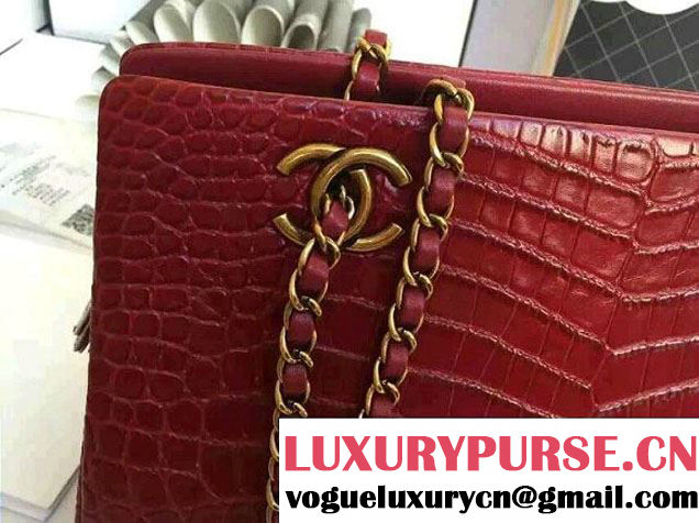 Chanel Alligator Pattern Small Shopping Bag Red 2015