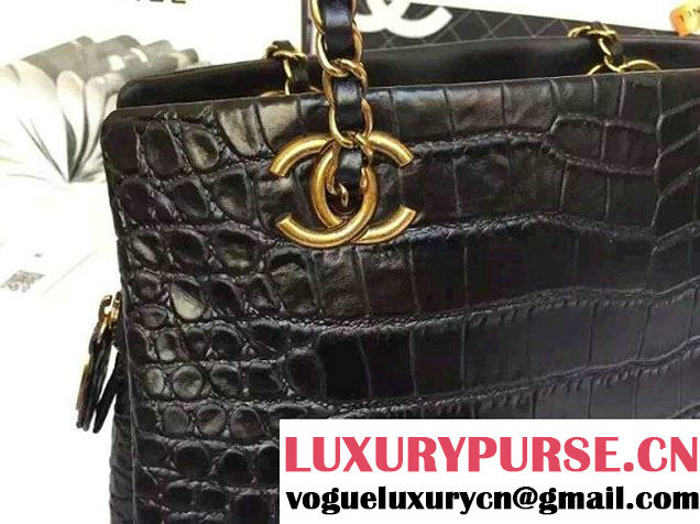 Chanel Alligator Pattern Small Shopping Bag Black 2015