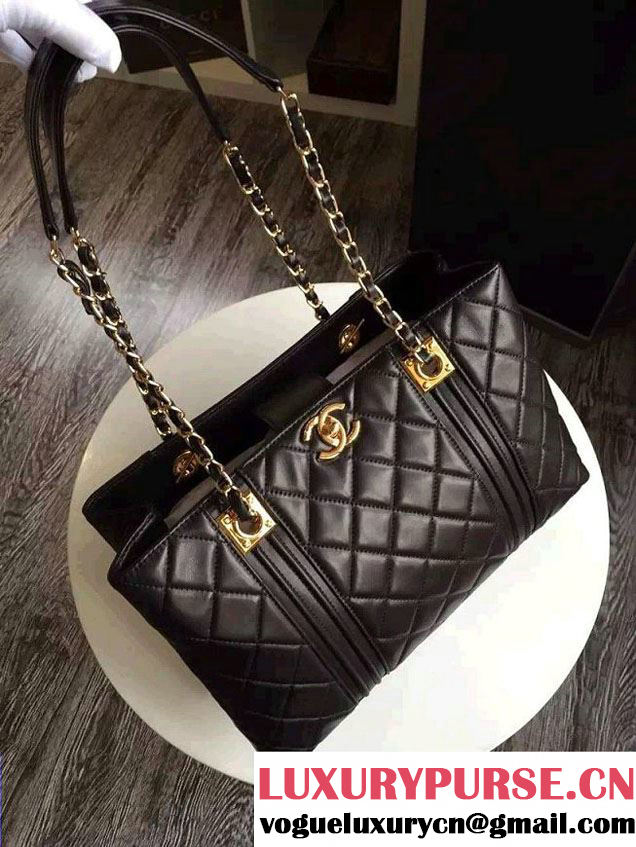 Chanel Lambskin Shopping Tote Bag Black Gold Fall Winter 2015