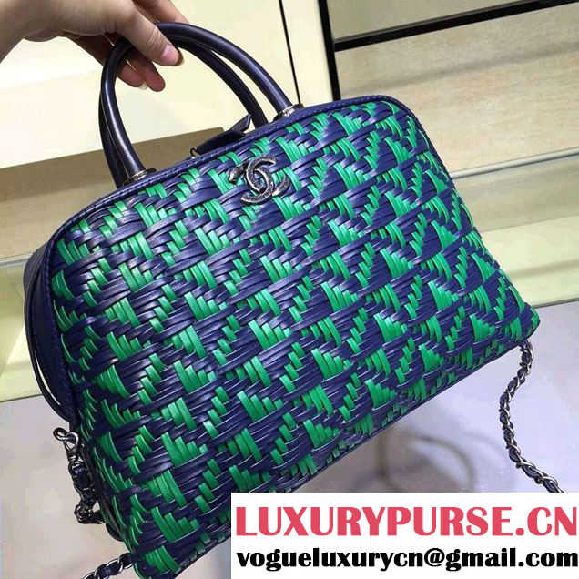 Chanel Calfskin and Braided Fabric Bowling Large Bag Royal Blue 2015