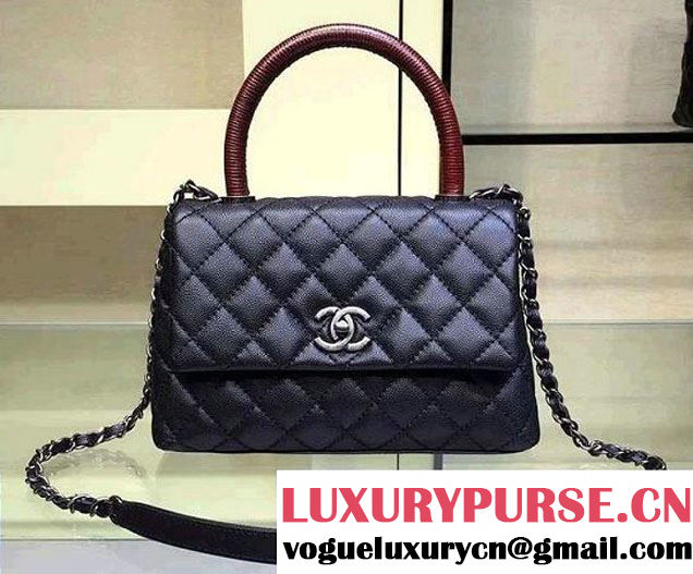 Chanel Lizard Top Handle Grained Calfskin Flap Shoulder Small Bag A92991 Black/Red 2015/2016