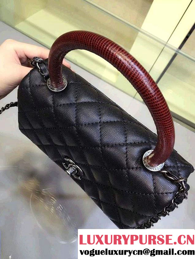 Chanel Lizard Top Handle Grained Calfskin Flap Shoulder Small Bag A92991 Black/Red 2015/2016