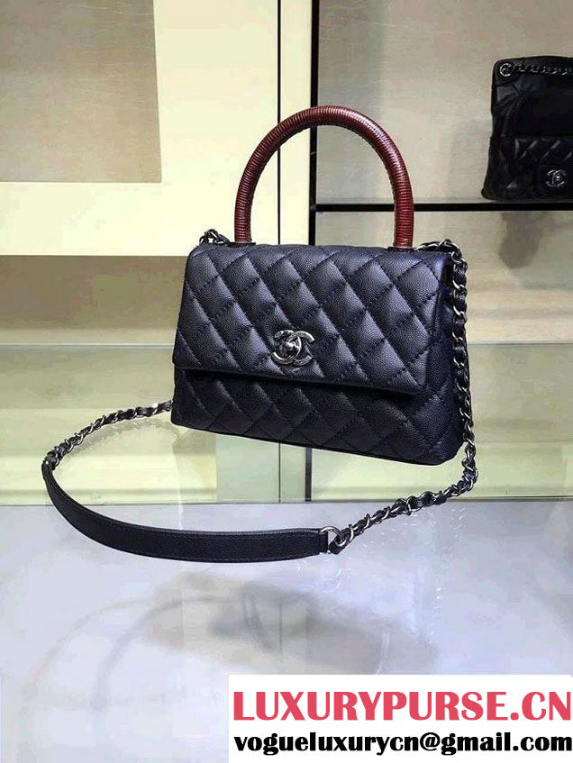 Chanel Lizard Top Handle Grained Calfskin Flap Shoulder Small Bag A92991 Black/Red 2015/2016