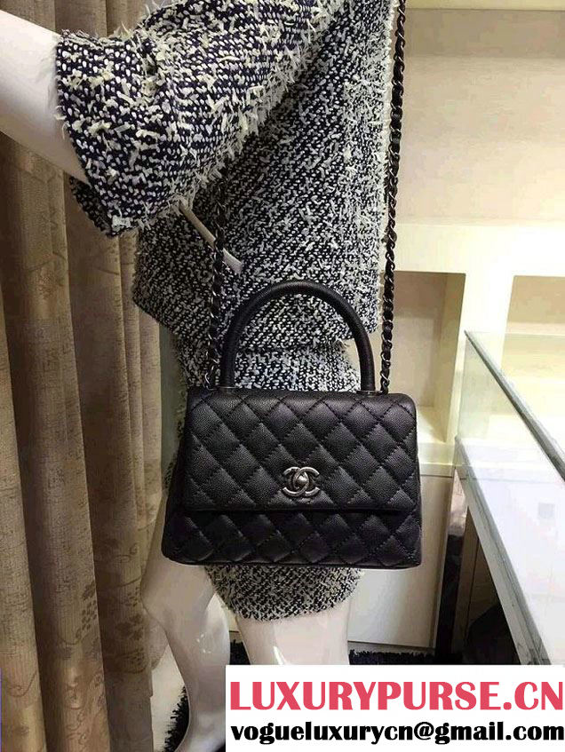 Chanel Lizard Top Handle Grained Calfskin Flap Shoulder Small Bag A92991 Black 2015/2016