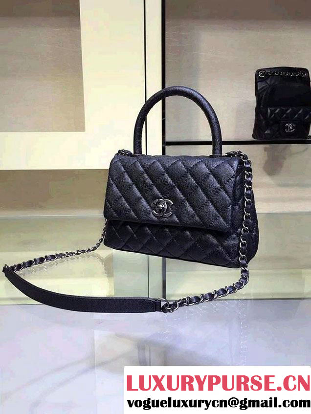 Chanel Lizard Top Handle Grained Calfskin Flap Shoulder Small Bag A92991 Black 2015/2016