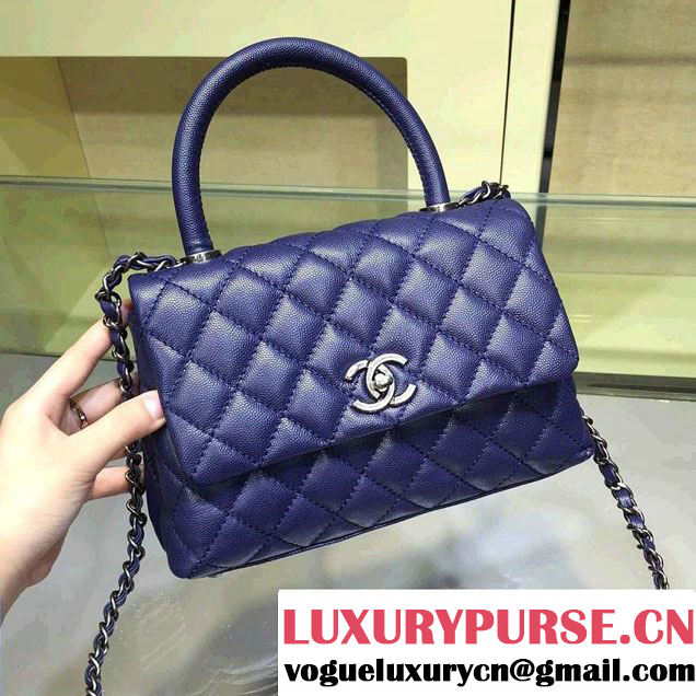 Chanel Lizard Top Handle Grained Calfskin Flap Shoulder Small Bag A92991 Blue 2015/2016
