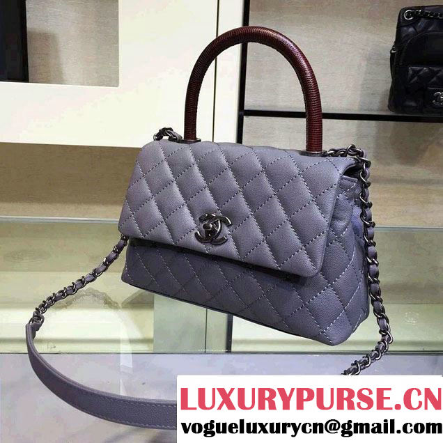 Chanel Lizard Top Handle Grained Calfskin Flap Shoulder Small Bag A92991 Gray 2015/2016