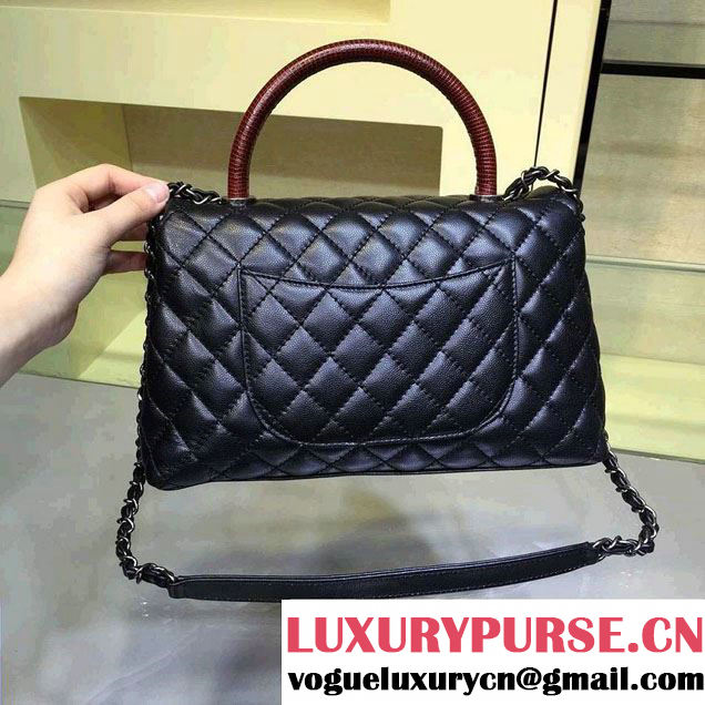 Chanel Lizard Top Handle Grained Calfskin Flap Shoulder Medium Bag A92991 Black/Red 2015/2016