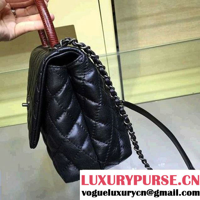 Chanel Lizard Top Handle Grained Calfskin Flap Shoulder Medium Bag A92991 Black/Red 2015/2016