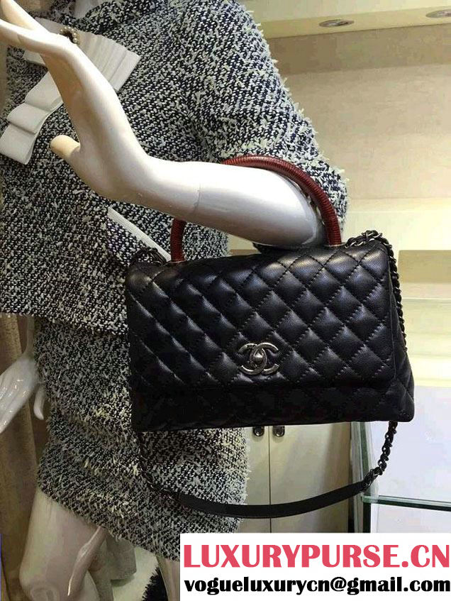 Chanel Lizard Top Handle Grained Calfskin Flap Shoulder Medium Bag A92991 Black/Red 2015/2016