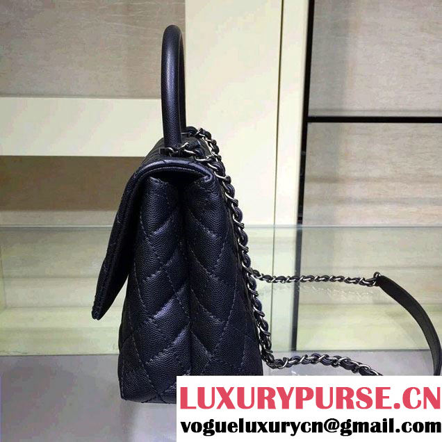 Chanel Lizard Top Handle Grained Calfskin Flap Shoulder Medium Bag A92991 Black 2015/2016