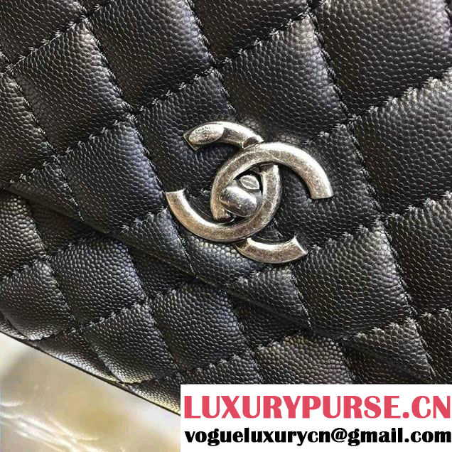 Chanel Lizard Top Handle Grained Calfskin Flap Shoulder Medium Bag A92991 Black 2015/2016