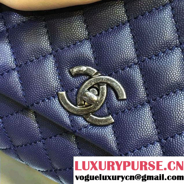 Chanel Lizard Top Handle Grained Calfskin Flap Shoulder Medium Bag A92991 Blue 2015/2016