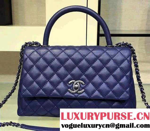 Chanel Lizard Top Handle Grained Calfskin Flap Shoulder Medium Bag A92991 Blue 2015/2016