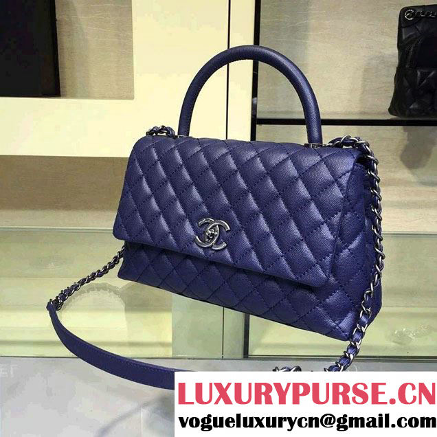 Chanel Lizard Top Handle Grained Calfskin Flap Shoulder Medium Bag A92991 Blue 2015/2016