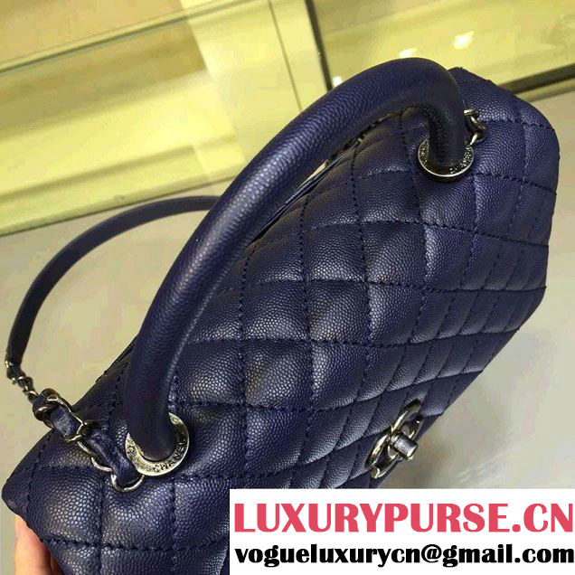 Chanel Lizard Top Handle Grained Calfskin Flap Shoulder Medium Bag A92991 Blue 2015/2016