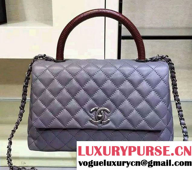 Chanel Lizard Top Handle Grained Calfskin Flap Shoulder Medium Bag A92991 Gray 2015/2016