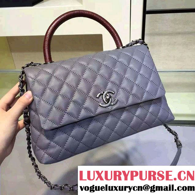 Chanel Lizard Top Handle Grained Calfskin Flap Shoulder Medium Bag A92991 Gray 2015/2016