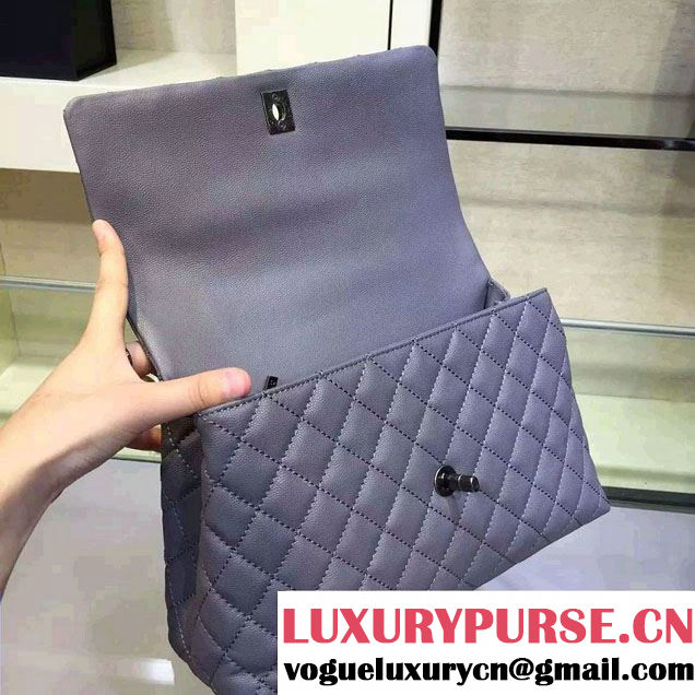 Chanel Lizard Top Handle Grained Calfskin Flap Shoulder Medium Bag A92991 Gray 2015/2016