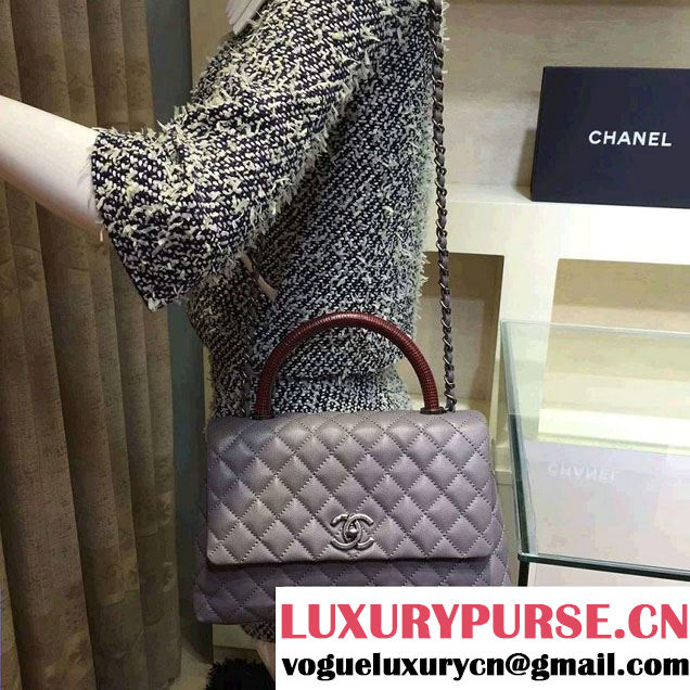 Chanel Lizard Top Handle Grained Calfskin Flap Shoulder Medium Bag A92991 Gray 2015/2016