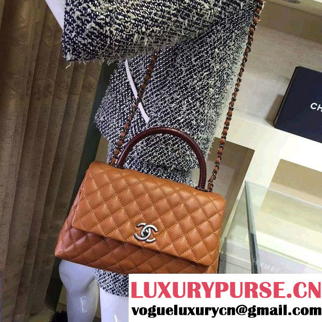 Chanel Lizard Top Handle Grained Calfskin Flap Shoulder Medium Bag A92991 Khaki 2015/2016