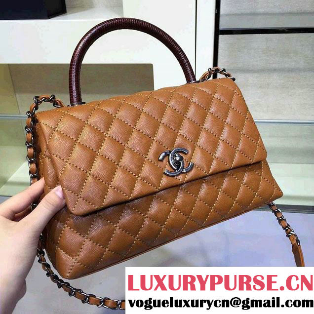 Chanel Lizard Top Handle Grained Calfskin Flap Shoulder Medium Bag A92991 Khaki 2015/2016