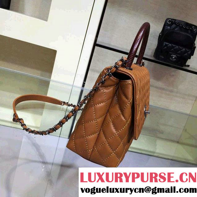 Chanel Lizard Top Handle Grained Calfskin Flap Shoulder Medium Bag A92991 Khaki 2015/2016