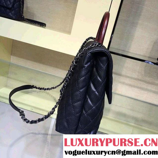 Chanel Lizard Top Handle Grained Calfskin Flap Shoulder Large Bag A92991 Black/Red 2015/2016
