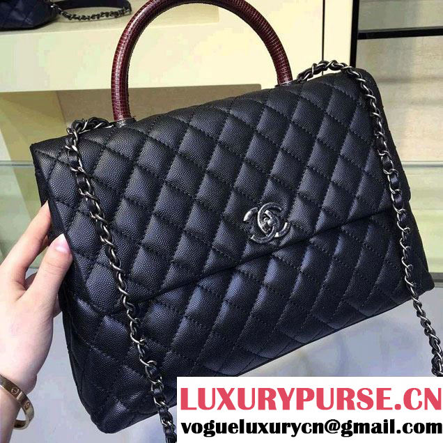 Chanel Lizard Top Handle Grained Calfskin Flap Shoulder Large Bag A92991 Black/Red 2015/2016