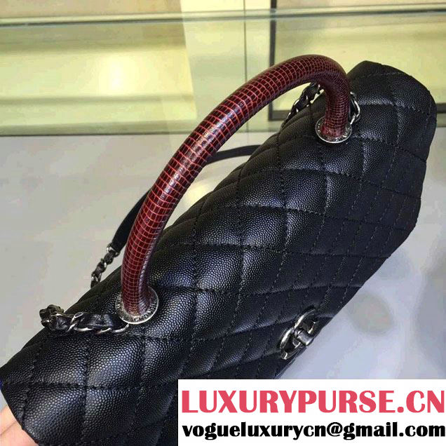 Chanel Lizard Top Handle Grained Calfskin Flap Shoulder Large Bag A92991 Black/Red 2015/2016