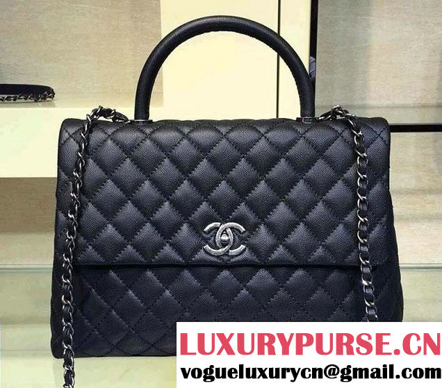 Chanel Lizard Top Handle Grained Calfskin Flap Shoulder Large Bag A92991 Black 2015/2016