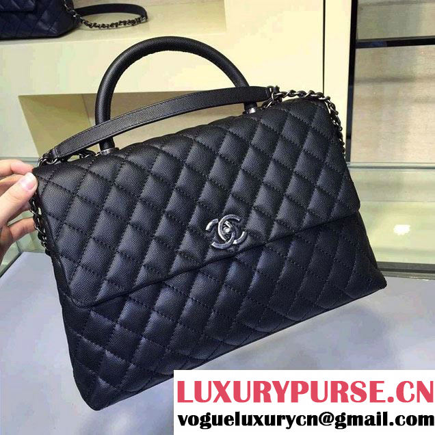 Chanel Lizard Top Handle Grained Calfskin Flap Shoulder Large Bag A92991 Black 2015/2016