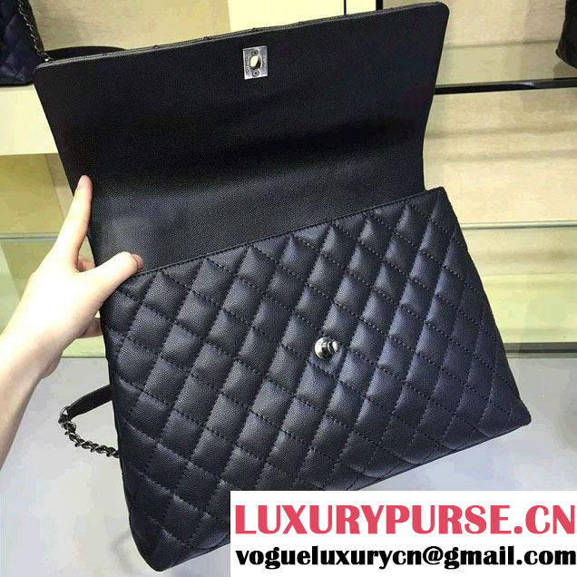 Chanel Lizard Top Handle Grained Calfskin Flap Shoulder Large Bag A92991 Black 2015/2016