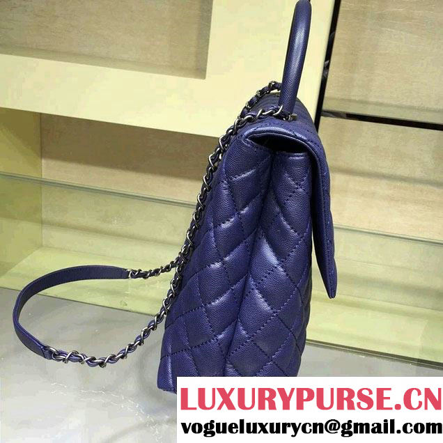 Chanel Lizard Top Handle Grained Calfskin Flap Shoulder Large Bag A92991 Blue 2015/2016