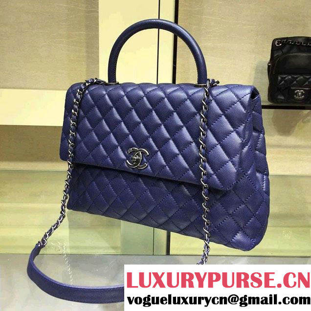 Chanel Lizard Top Handle Grained Calfskin Flap Shoulder Large Bag A92991 Blue 2015/2016