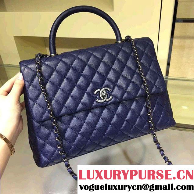 Chanel Lizard Top Handle Grained Calfskin Flap Shoulder Large Bag A92991 Blue 2015/2016