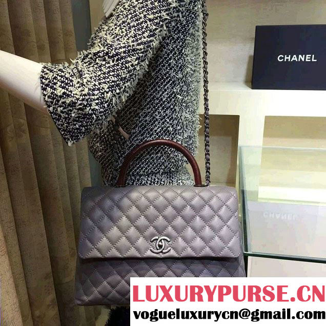 Chanel Lizard Top Handle Grained Calfskin Flap Shoulder Large Bag A92991 Gray 2015/2016