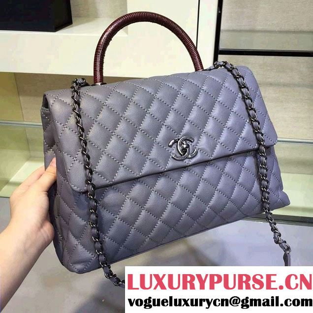 Chanel Lizard Top Handle Grained Calfskin Flap Shoulder Large Bag A92991 Gray 2015/2016