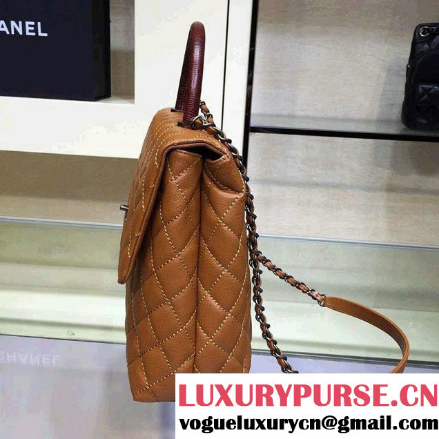 Chanel Lizard Top Handle Grained Calfskin Flap Shoulder Large Bag A92991 Khaki 2015/2016