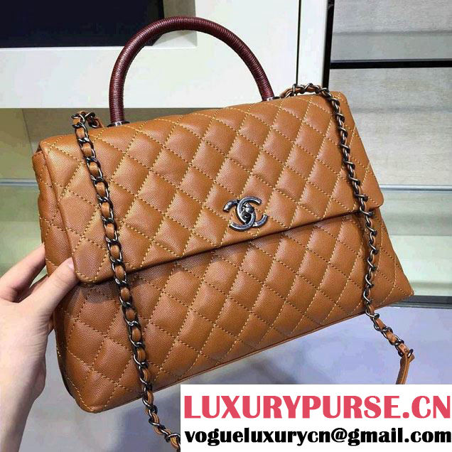 Chanel Lizard Top Handle Grained Calfskin Flap Shoulder Large Bag A92991 Khaki 2015/2016