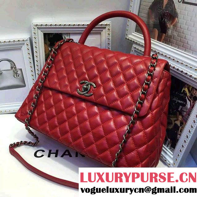 Chanel Top Handle Lambskin Flap Shoulder Large Bag Red 2015/2016