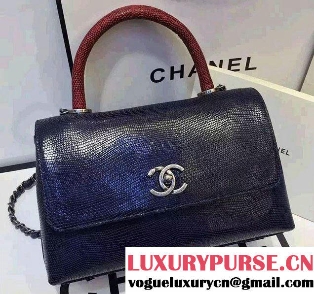 Chanel Top Handle Lizard Pattern Flap Shoulder Medium Bag Blue 2015/2016