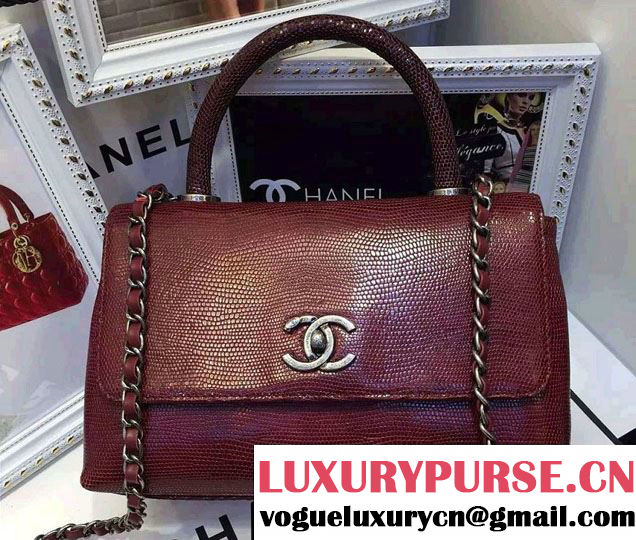 Chanel Top Handle Lizard Pattern Flap Shoulder Medium/Large Bag Date Red 2015/2016