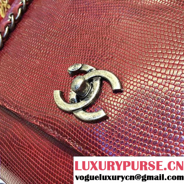 Chanel Top Handle Lizard Pattern Flap Shoulder Medium/Large Bag Date Red 2015/2016